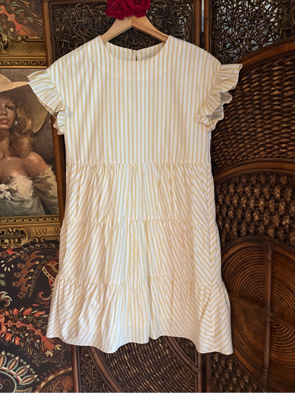 English Factory Yellow Stripe Tiered Mini Dress Size S Ruffle Sleeve Coastal